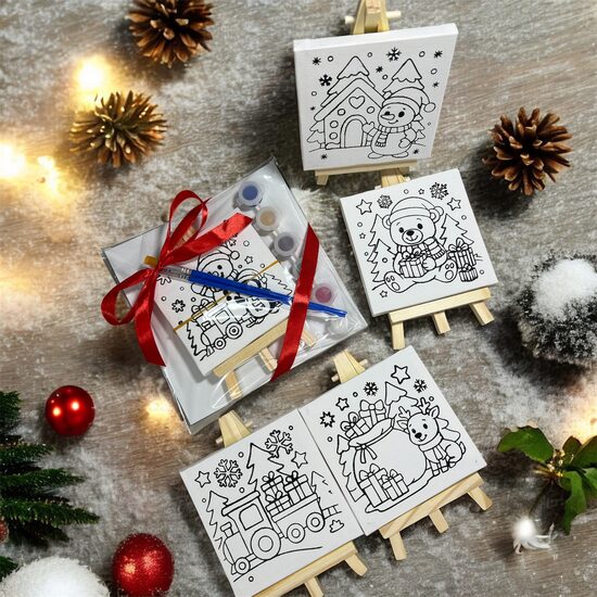 🎄 Kalėdinės kūrybos drobelės rinkinys vaikams | 10x10 cm molbertas, dažai ir teptukai