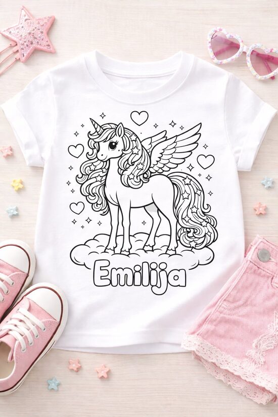 Spalvinimo marškinėliai Sparnuotas vienaragis su VARDU