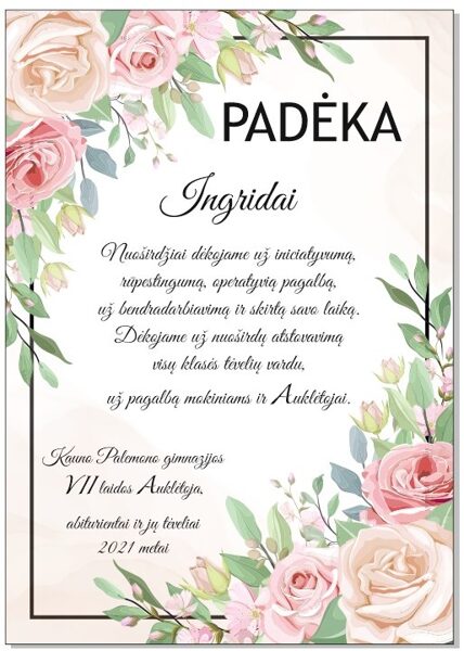 Padėka su Jūsų tekstu (Rožės)