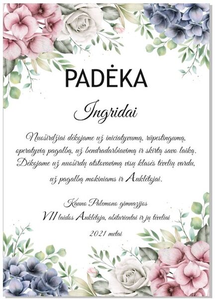 Padėka su Jūsų tekstu (Hortenzijos)