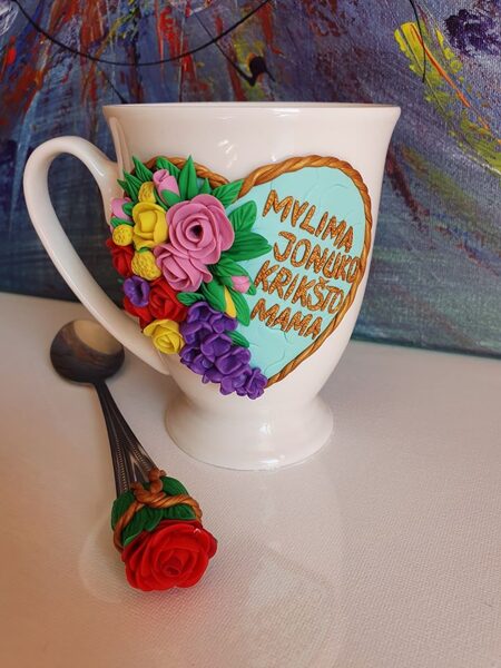 Dekoruotas puodelis krikšto mamai su asmeniniu užrašu