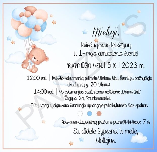 Vienpusis kvietimas kortelė - Meškiukas ore (melsvas fonas, juodas tekstas)