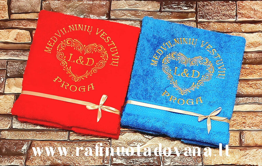 Siuvinėti rankšluosčiai - Medvilninės vestuvės (raudonas arba melsvas)