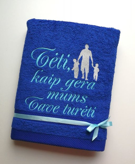 Siuvinėtas rankšluosti - Tėti, kaip gera mums tave turėti (mėlynas su dviem vaikais)