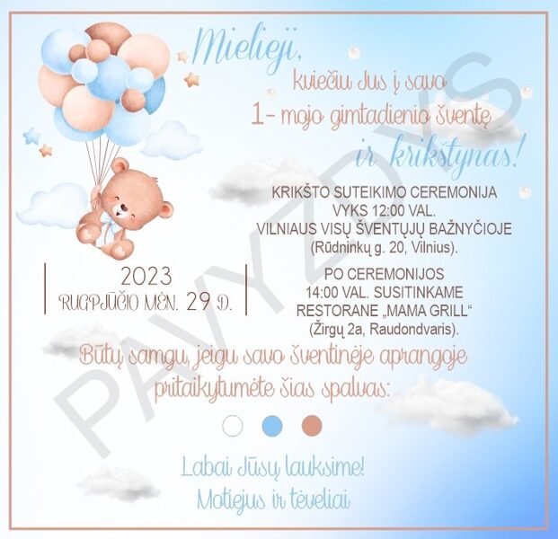 Vienpusis kvietimas kortelė - Meškiukas ore (kitas teksto išdėstymas)