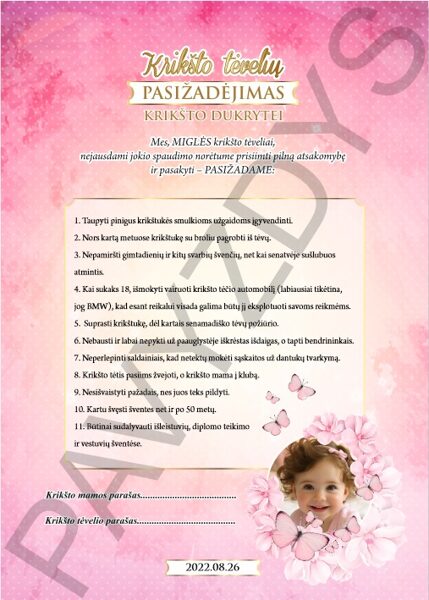 Krikšto tėvų pasižadėjimas - Rožinio rausvumo drugeliai