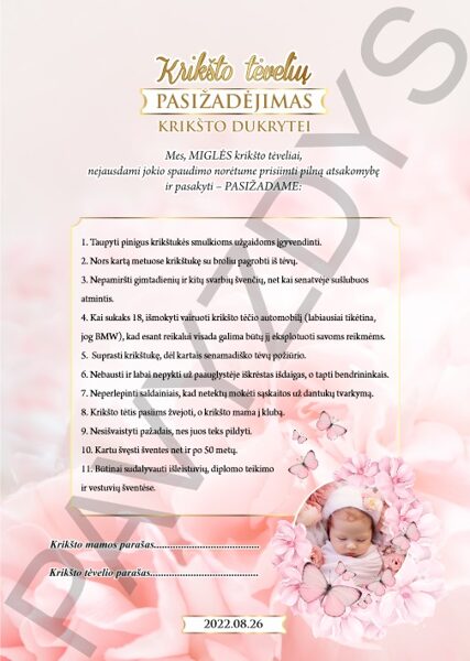 Krikšto tėvų pasižadėjimas - Rožiniai drugeliai